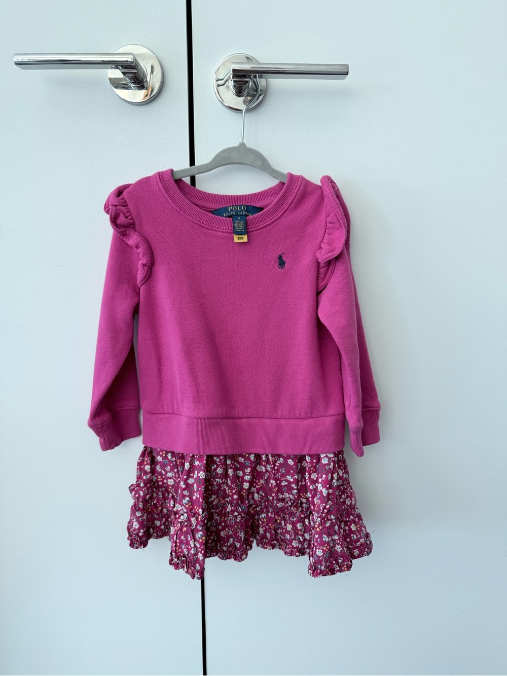 Polo Ralph Lauren Floral Poplin-Skirt Fleece Dress College Pink with Navy 3T